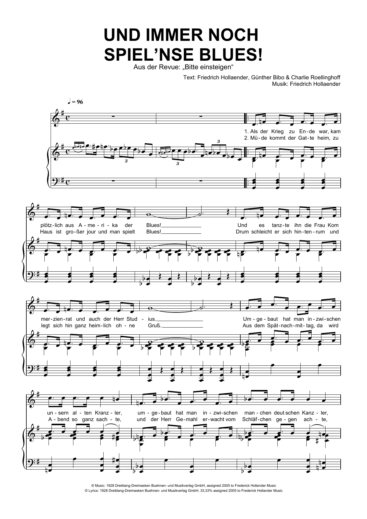 Friedrich Hollaender Und Immer Noch Spiel'nse Blues! sheet music notes and chords arranged for Piano & Vocal