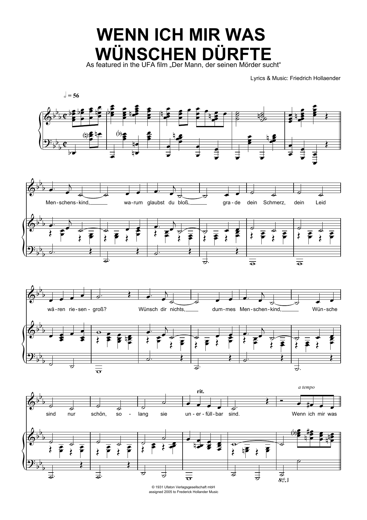 Friedrich Hollaender Wenn Ich Mir Was Wunchen Durfte sheet music notes and chords arranged for Piano & Vocal