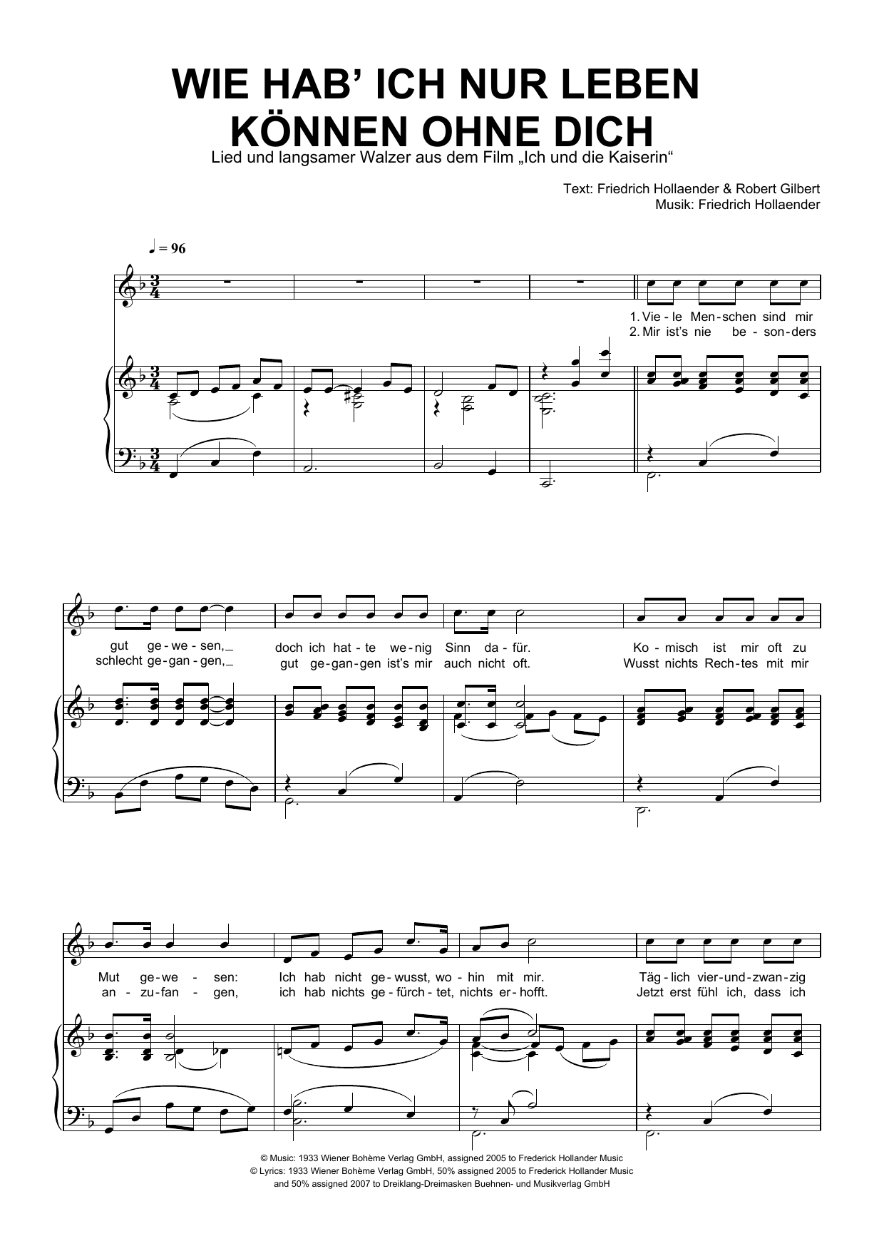 Friedrich Hollaender Wie Hab' Ich Nur Leben Konnen Ohne Dich sheet music notes and chords arranged for Piano & Vocal