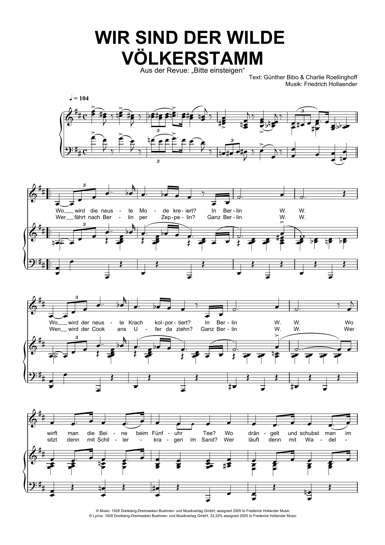 Friedrich Hollaender Wir Sind Der Wilde Volkerstamm sheet music notes and chords arranged for Piano & Vocal