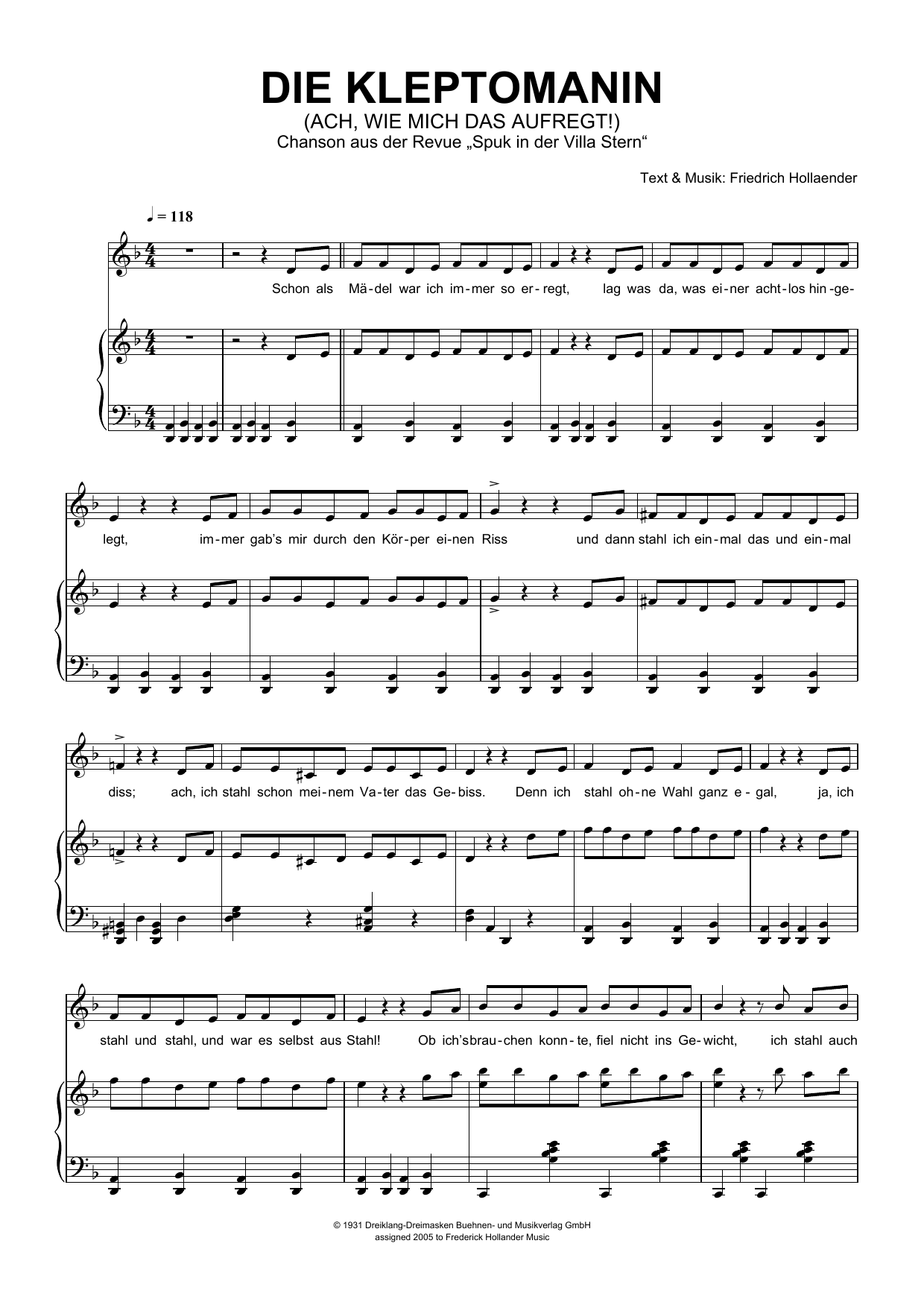 Friedrich Holländer Die Kleptomanin (Ach, Wie Mich Das Aufregt!) sheet music notes and chords arranged for Piano & Vocal
