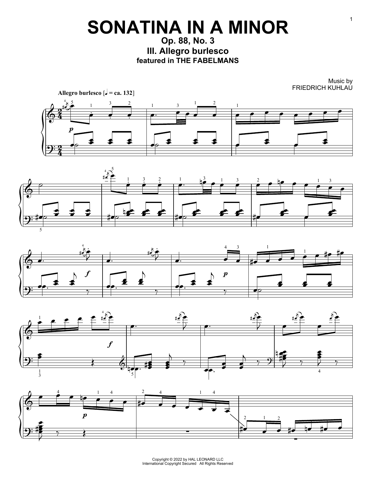 Friedrich Kuhlau Allegro Burlesco, Sonatina In A Minor, Op. 88, No. 3 sheet music notes and chords arranged for Piano Solo