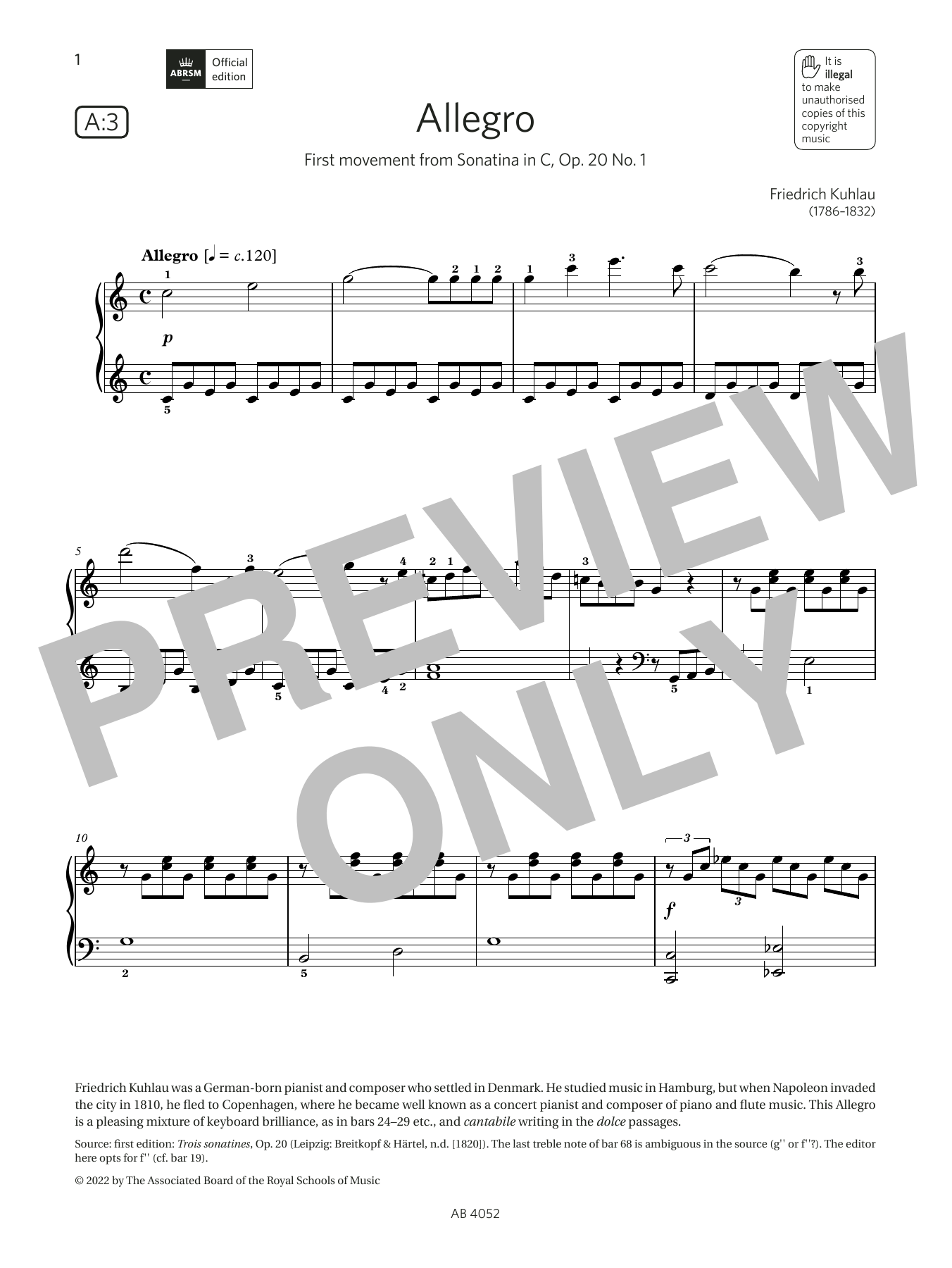 Friedrich Kuhlau Allegro (Grade 6, list A3, from the ABRSM Piano Syllabus 2023 & 2024) sheet music notes and chords arranged for Piano Solo