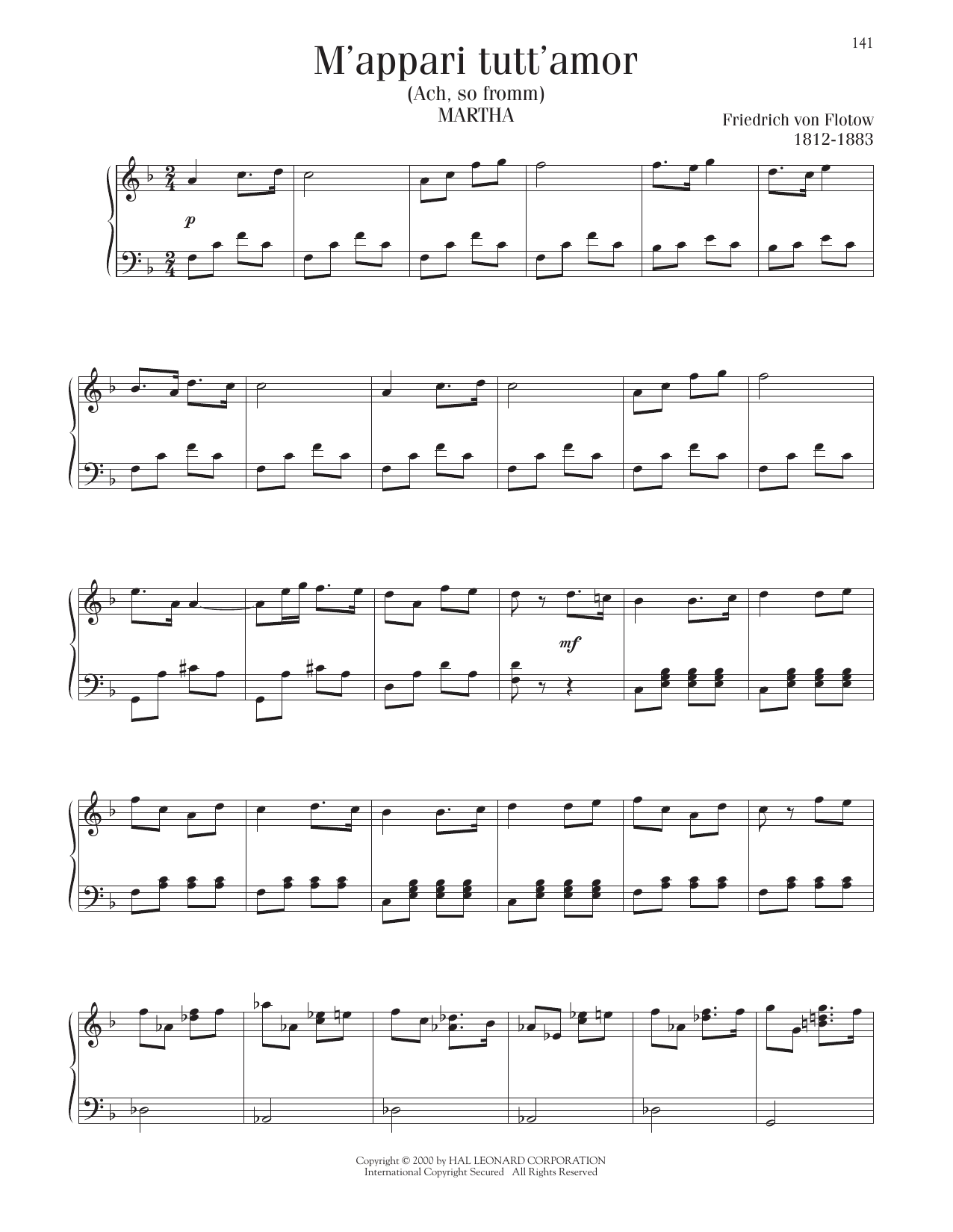 Friedrich von Flotow M'Appari Tutt' Amor sheet music notes and chords arranged for Piano Solo