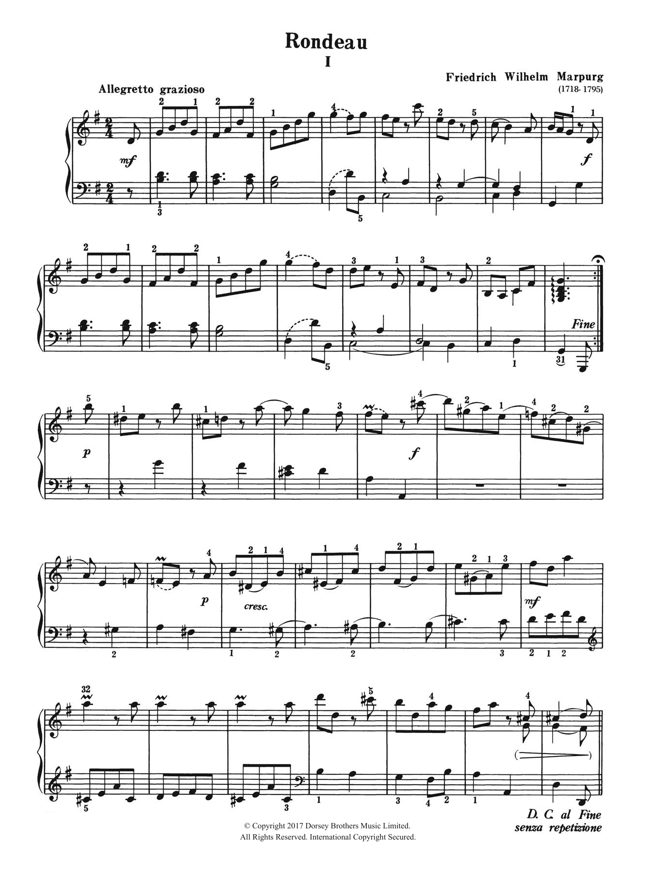 Friedrich Wilhelm Marpurg Rondeau sheet music notes and chords arranged for Piano Solo