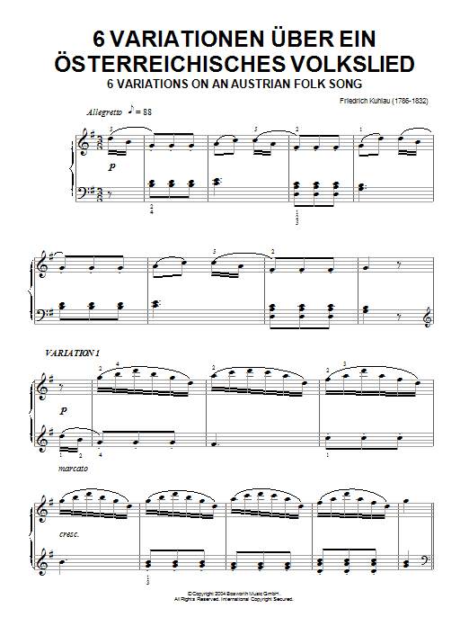 Friedrich Kuhlau Six Variations On An Austrian Folk Song sheet music notes and chords arranged for Piano Solo