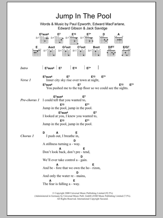 Friendly Fires Jump In The Pool sheet music notes and chords arranged for Guitar Chords/Lyrics