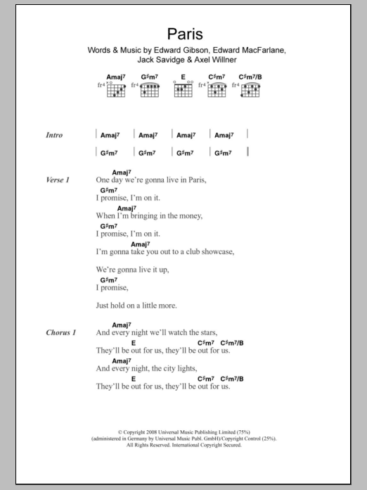 Friendly Fires Paris sheet music notes and chords arranged for Guitar Chords/Lyrics