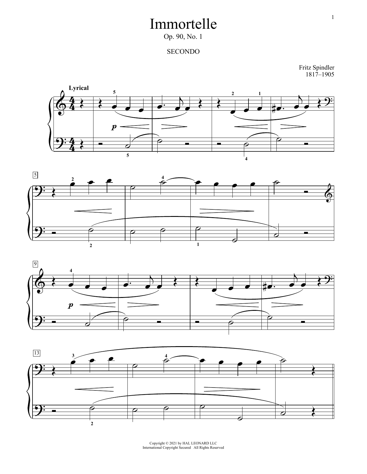 Fritz Spindler Immortelle, Op. 90, No. 1 sheet music notes and chords arranged for Piano Duet
