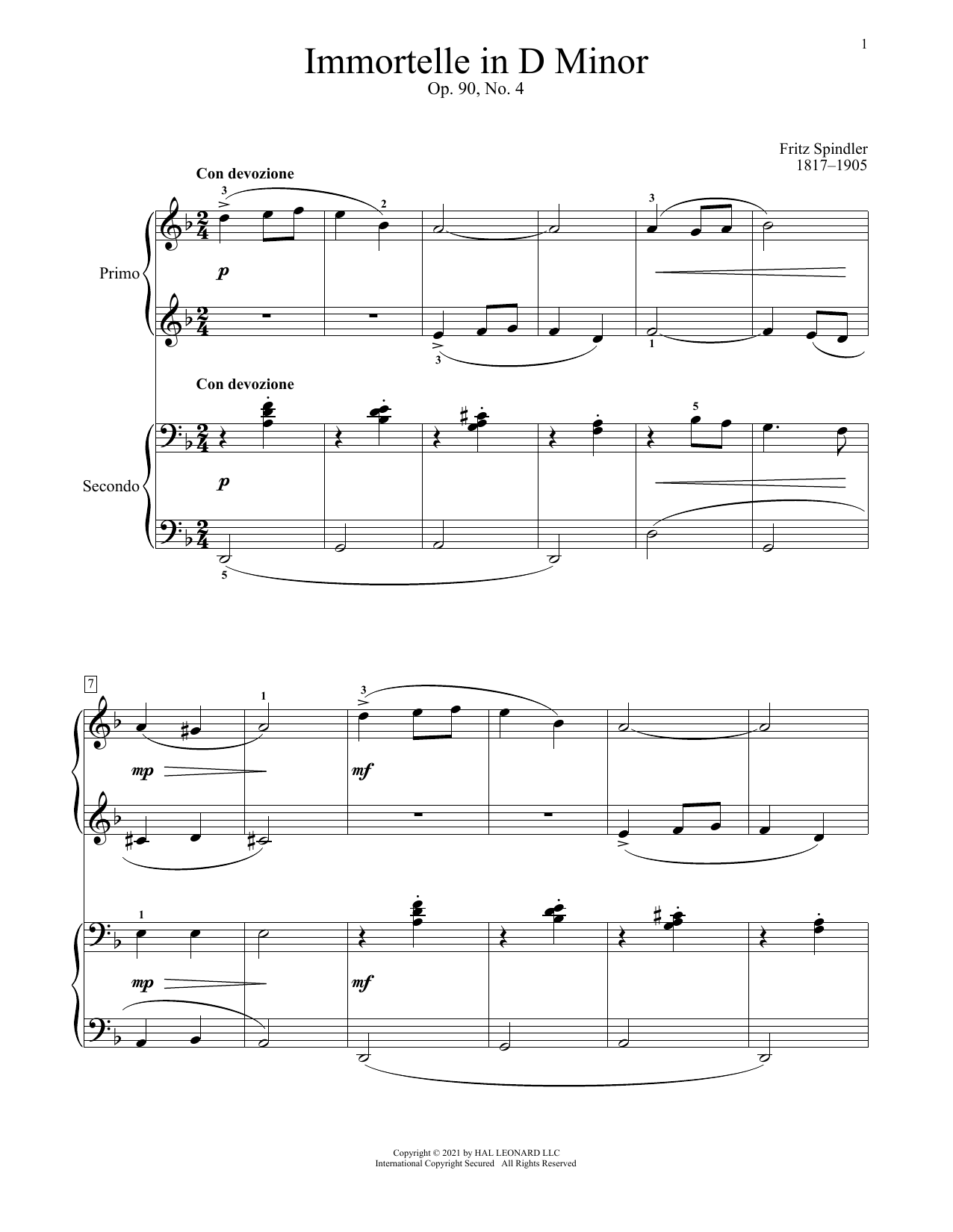 Fritz Spindler Immortelle, Op. 90, No. 4 sheet music notes and chords arranged for Piano Duet