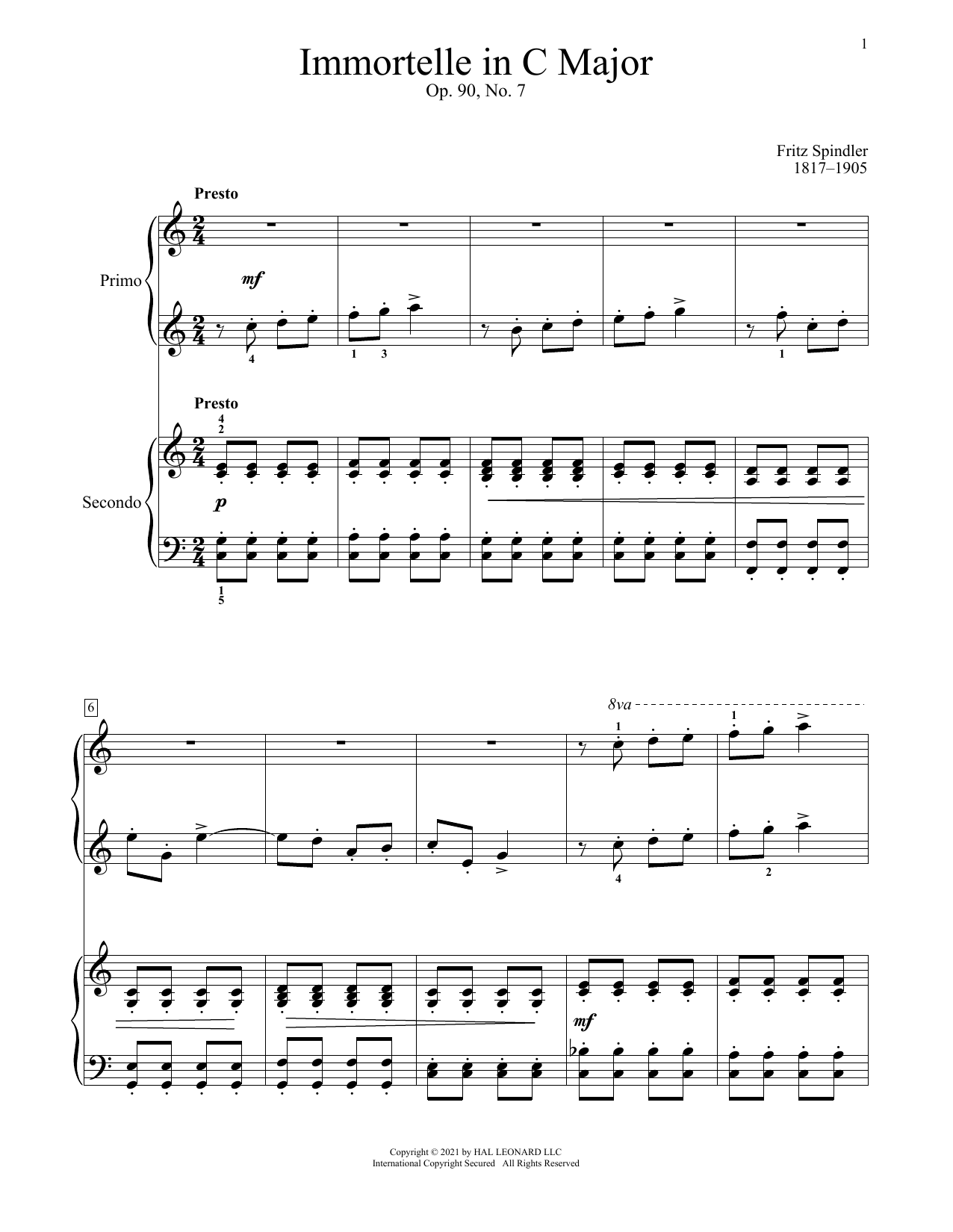 Fritz Spindler Immortelle, Op. 90, No. 7 sheet music notes and chords arranged for Piano Duet
