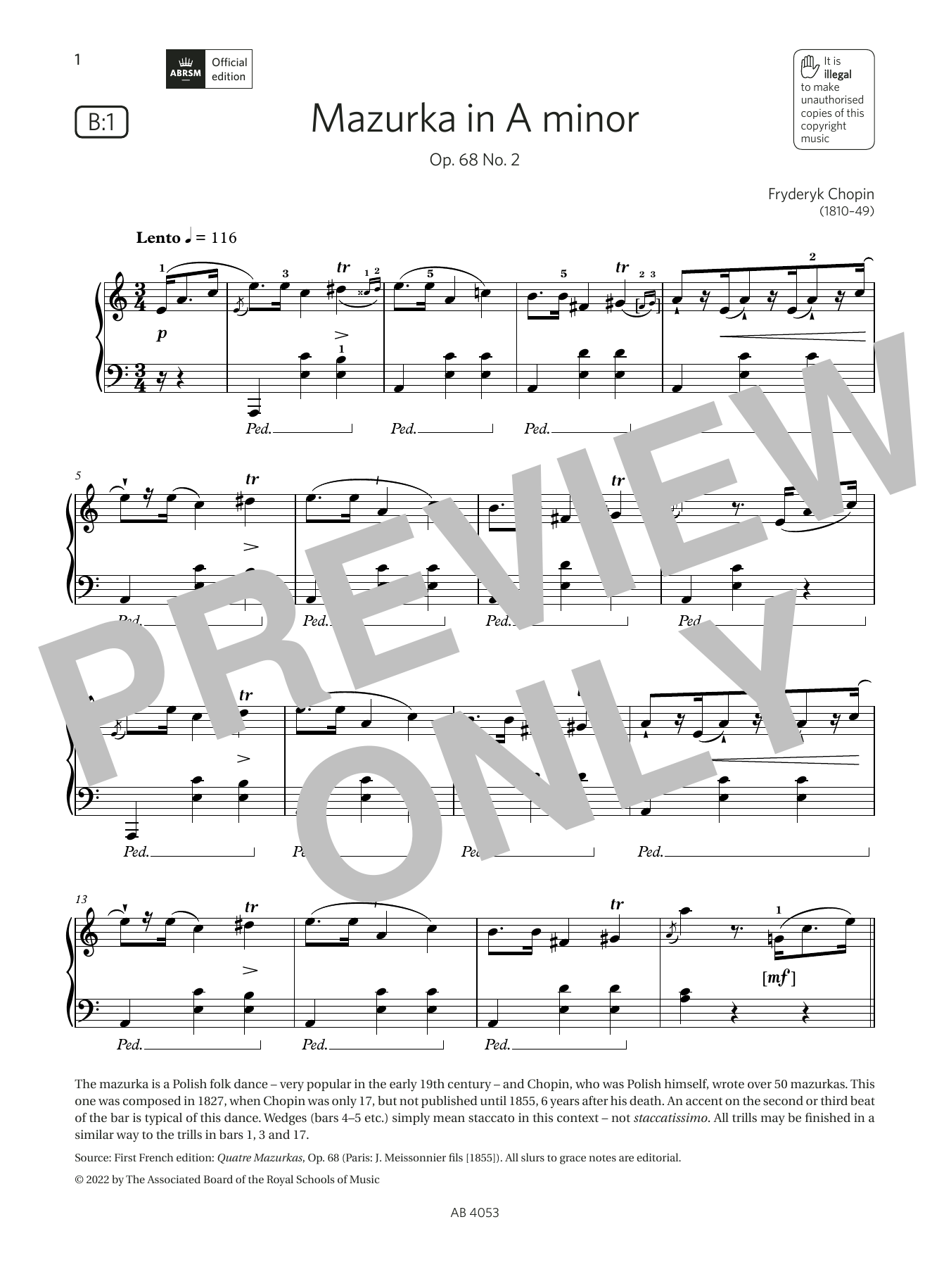 Fryderyk Chopin Mazurka in A minor (Grade 7, list B1, from the ABRSM Piano Syllabus 2023 & 2024) sheet music notes and chords arranged for Piano Solo