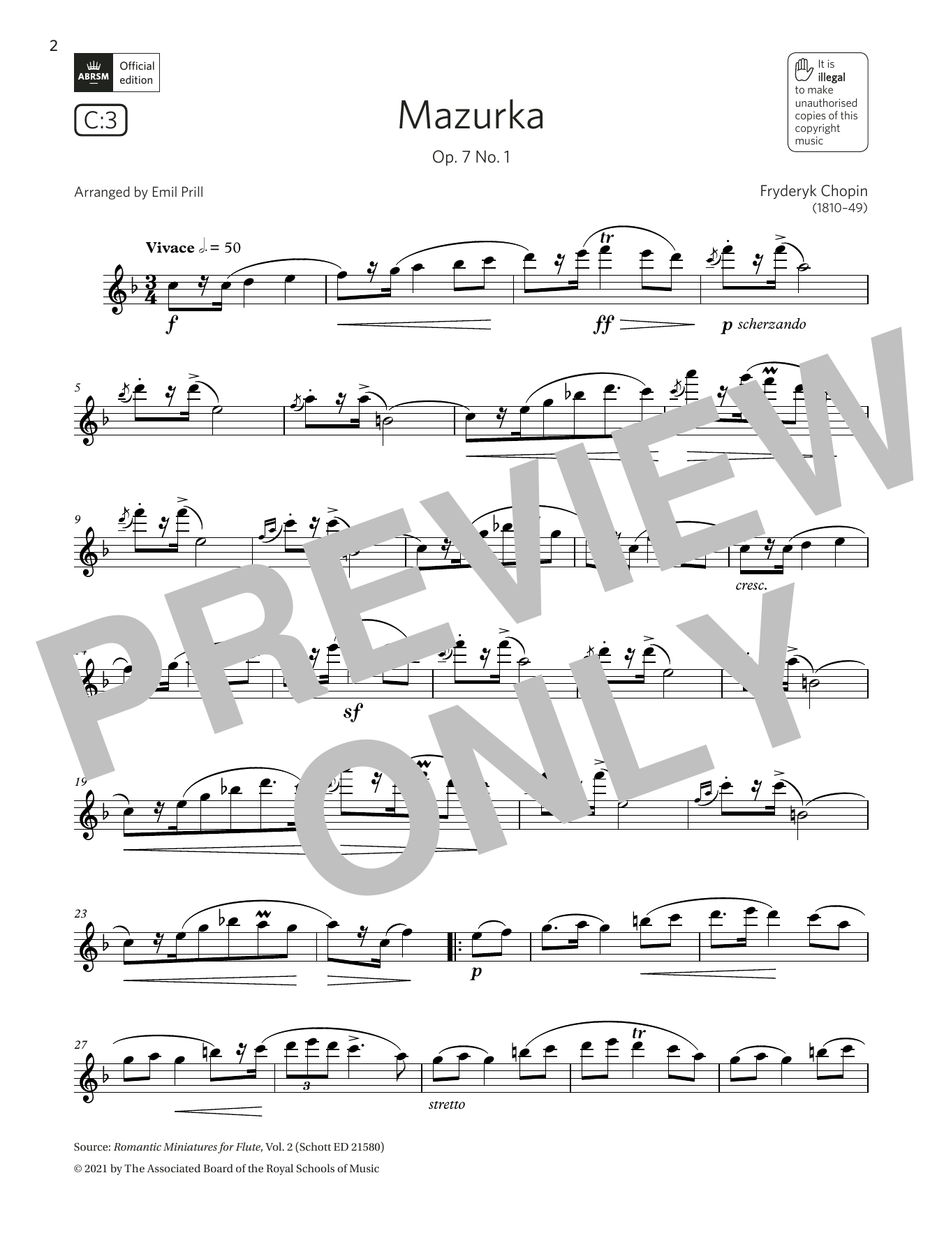 Fryderyk Chopin Mazurka, Op. 7 No. 1  (Grade 5 List C3 from the ABRSM Flute syllabus from 2022) sheet music notes and chords arranged for Flute Solo