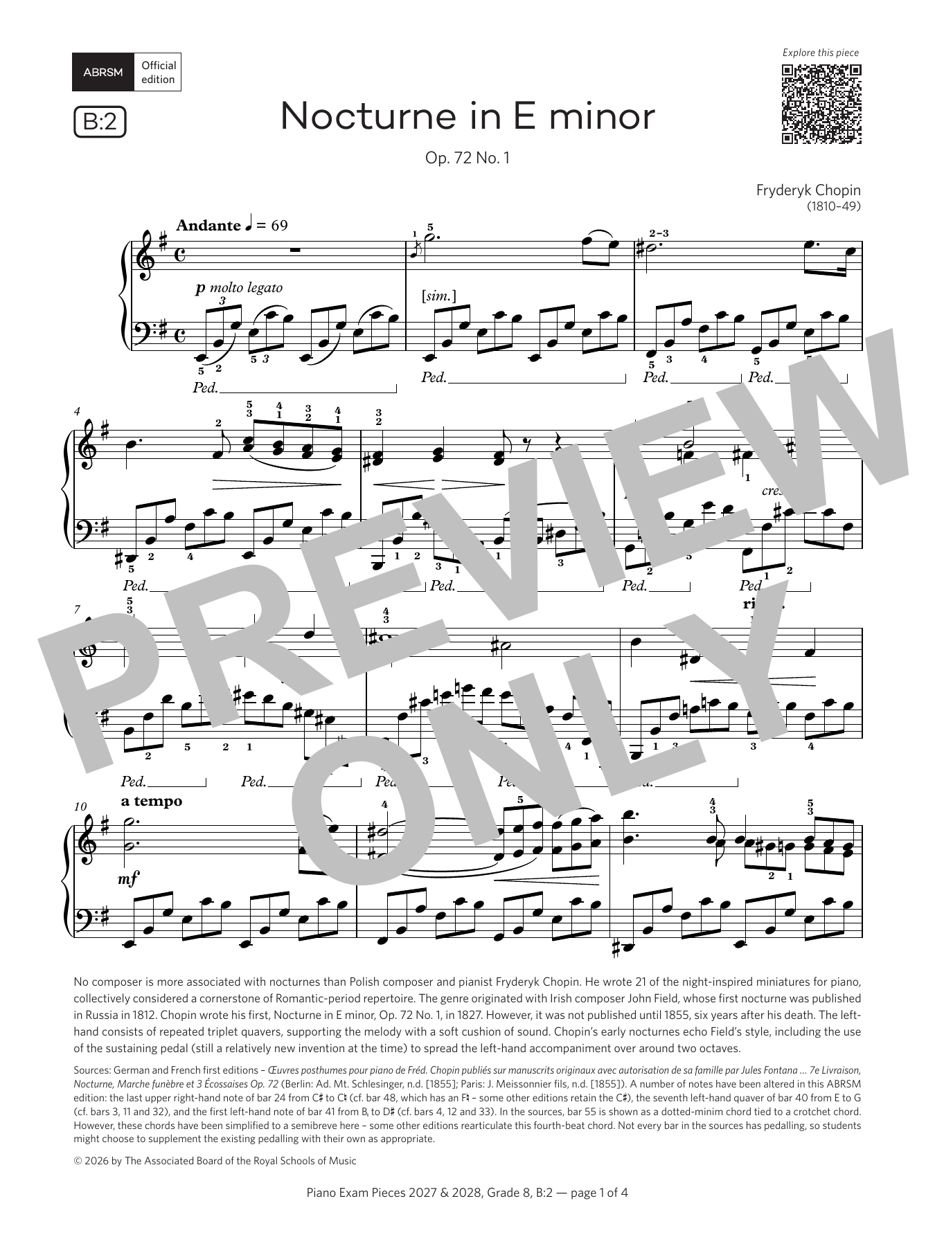 Fryderyk Chopin Nocturne in E minor (Grade 8, list B2, from the ABRSM Piano Syllabus 2027 & 2028) sheet music notes and chords arranged for Piano Solo