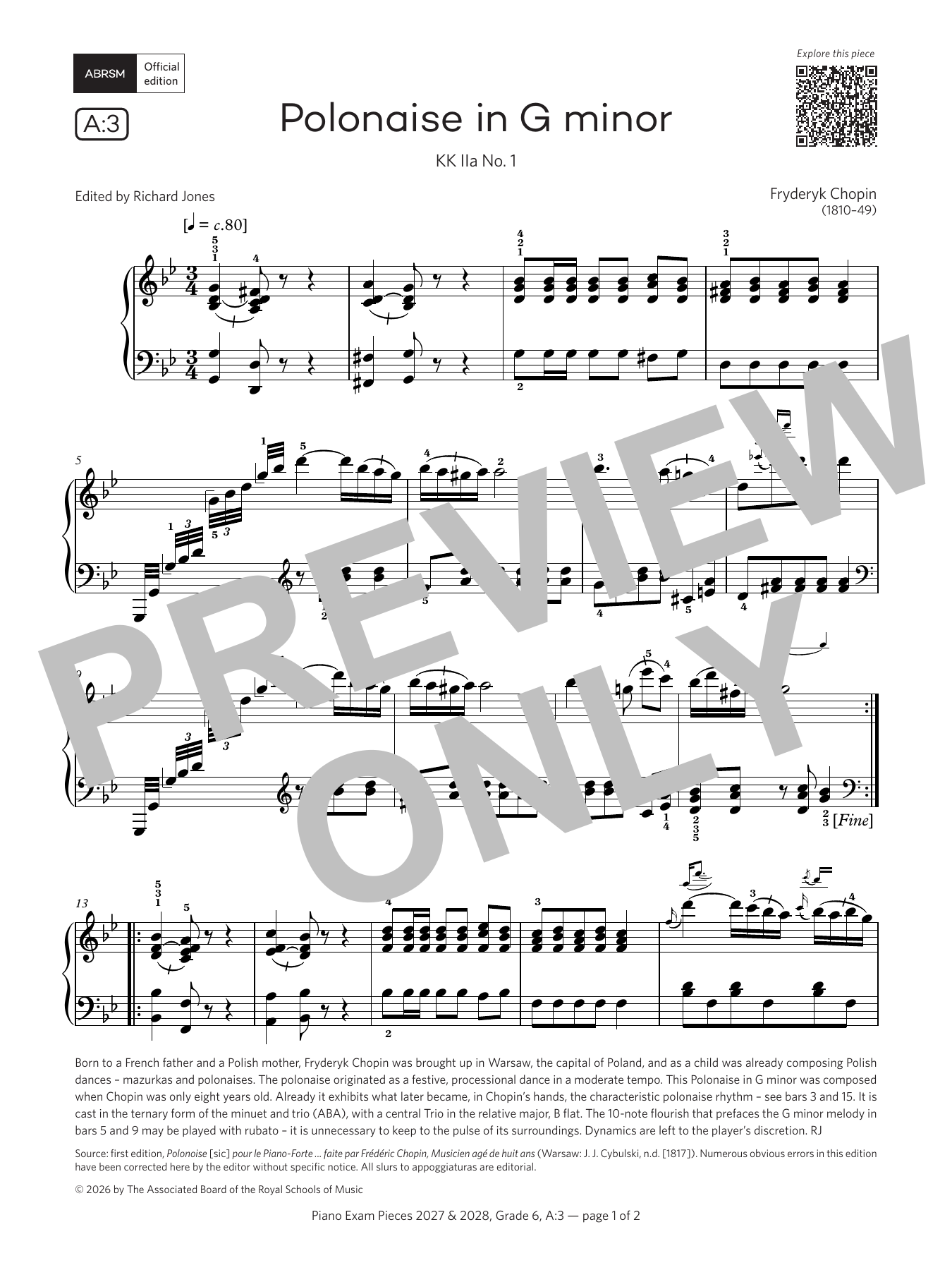 Fryderyk Chopin Polonaise in G minor (Grade 6, list A3, from the ABRSM Piano Syllabus 2027 & 2028) sheet music notes and chords arranged for Piano Solo