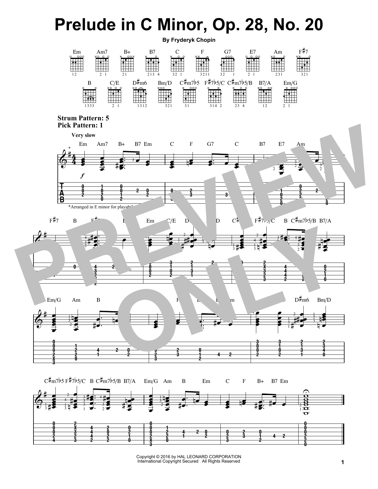 Fryderyk Chopin Prelude In C Minor, Op. 28, No. 20 sheet music notes and chords arranged for Easy Guitar Tab