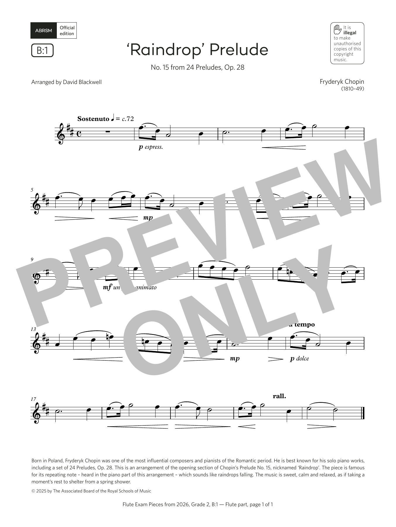 Fryderyk Chopin 'Raindrop' Prelude (Grade 2, list B1, from the ABRSM Flute Syllabus from 2026) sheet music notes and chords arranged for Flute Solo