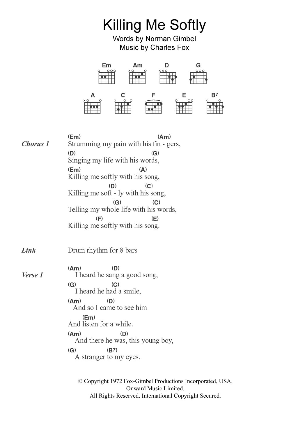 Fugees Killing Me Softly sheet music notes and chords arranged for Guitar Chords/Lyrics