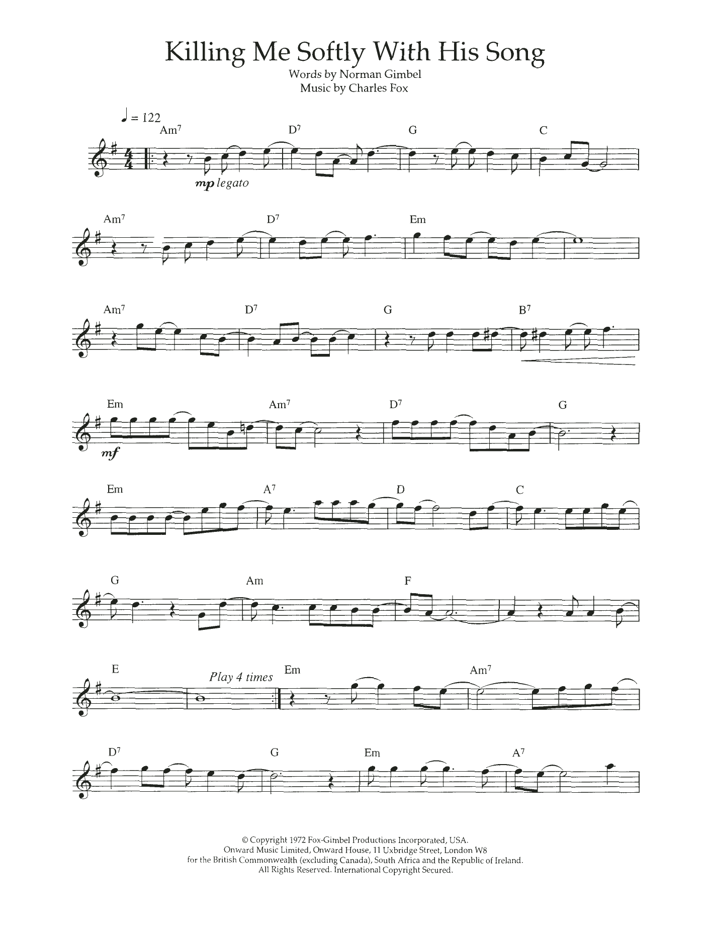 Fugees Killing Me Softly With His Song sheet music notes and chords arranged for Flute Solo