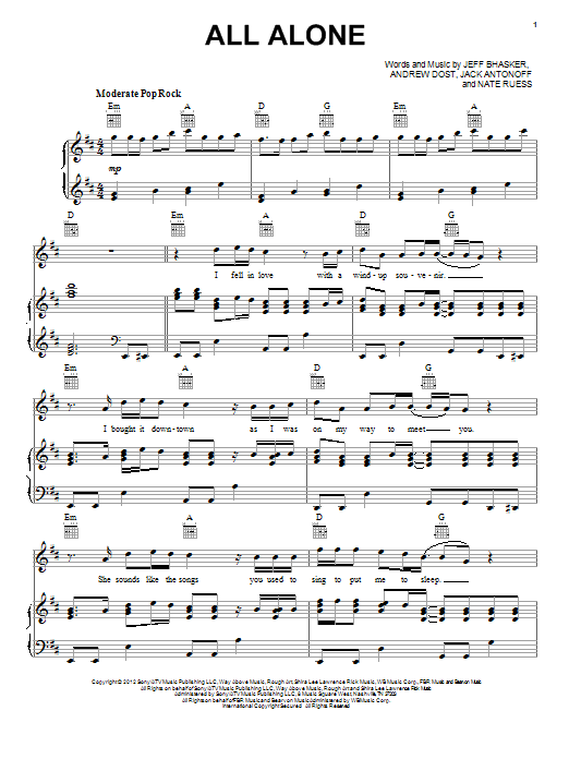 fun. All Alone sheet music notes and chords arranged for Piano, Vocal & Guitar Chords (Right-Hand Melody)