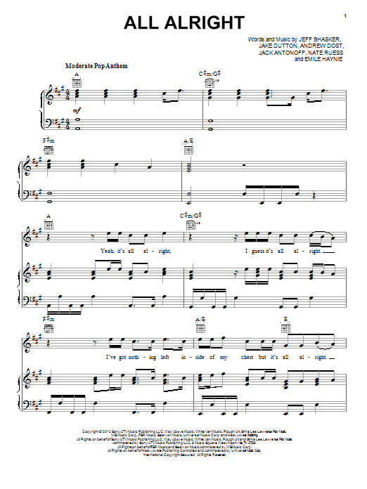 fun. All Alright sheet music notes and chords arranged for Piano, Vocal & Guitar Chords (Right-Hand Melody)