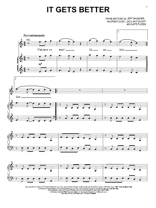 fun. It Gets Better sheet music notes and chords arranged for Piano, Vocal & Guitar Chords (Right-Hand Melody)