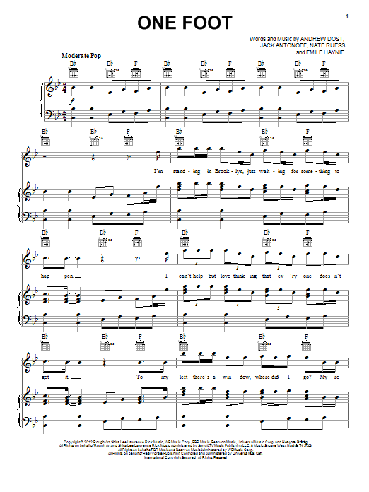 fun. One Foot sheet music notes and chords arranged for Piano, Vocal & Guitar Chords (Right-Hand Melody)