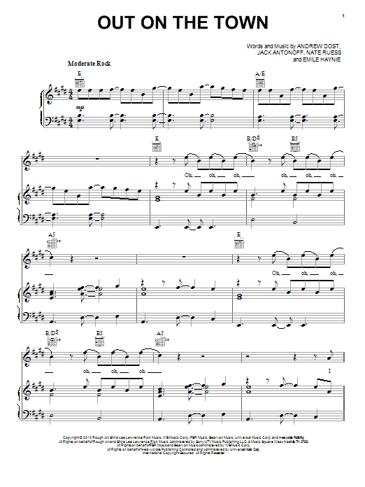 fun. Out On The Town sheet music notes and chords arranged for Piano, Vocal & Guitar Chords (Right-Hand Melody)