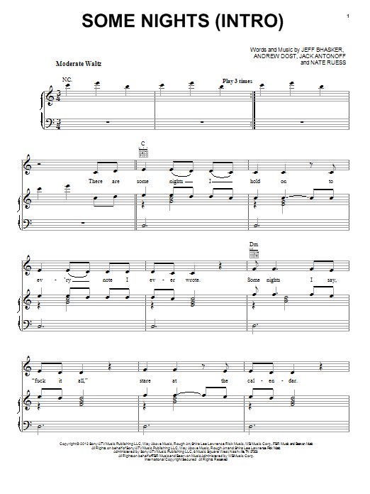 fun. Some Nights (Intro) sheet music notes and chords arranged for Piano, Vocal & Guitar Chords (Right-Hand Melody)