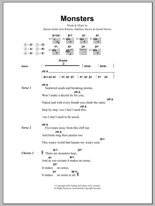 Funeral For A Friend Monsters sheet music notes and chords arranged for Guitar Chords/Lyrics