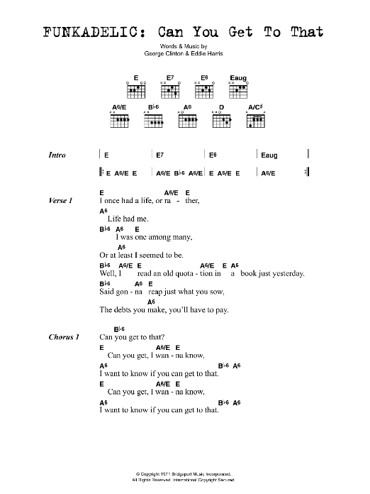 Funkadelic Can You Get To That sheet music notes and chords arranged for Guitar Chords/Lyrics