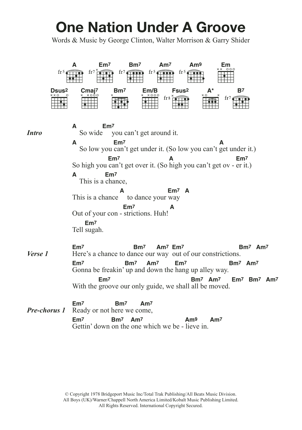 Funkadelic One Nation Under A Groove sheet music notes and chords arranged for Guitar Chords/Lyrics