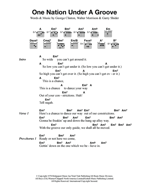Funkadelic One Nation Under A Groove sheet music notes and chords arranged for Guitar Chords/Lyrics
