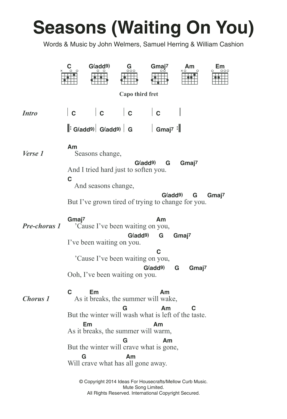Future Islands Seasons (Waiting On You) sheet music notes and chords arranged for Guitar Chords/Lyrics