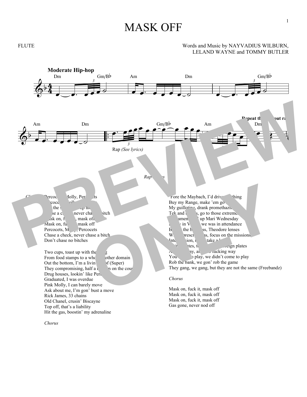 Future Mask Off sheet music notes and chords arranged for Flute Solo