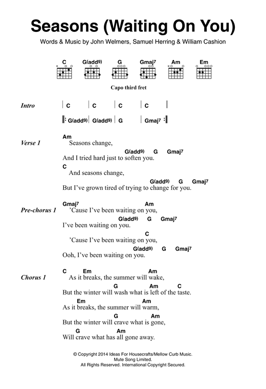 Future Islands Seasons (Waiting On You) sheet music notes and chords arranged for Guitar Chords/Lyrics