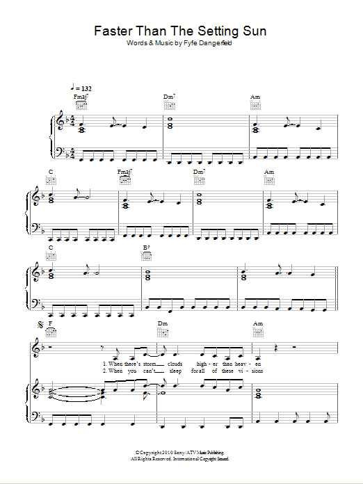 Fyfe Dangerfield Faster Than The Setting Sun sheet music notes and chords arranged for Piano, Vocal & Guitar Chords