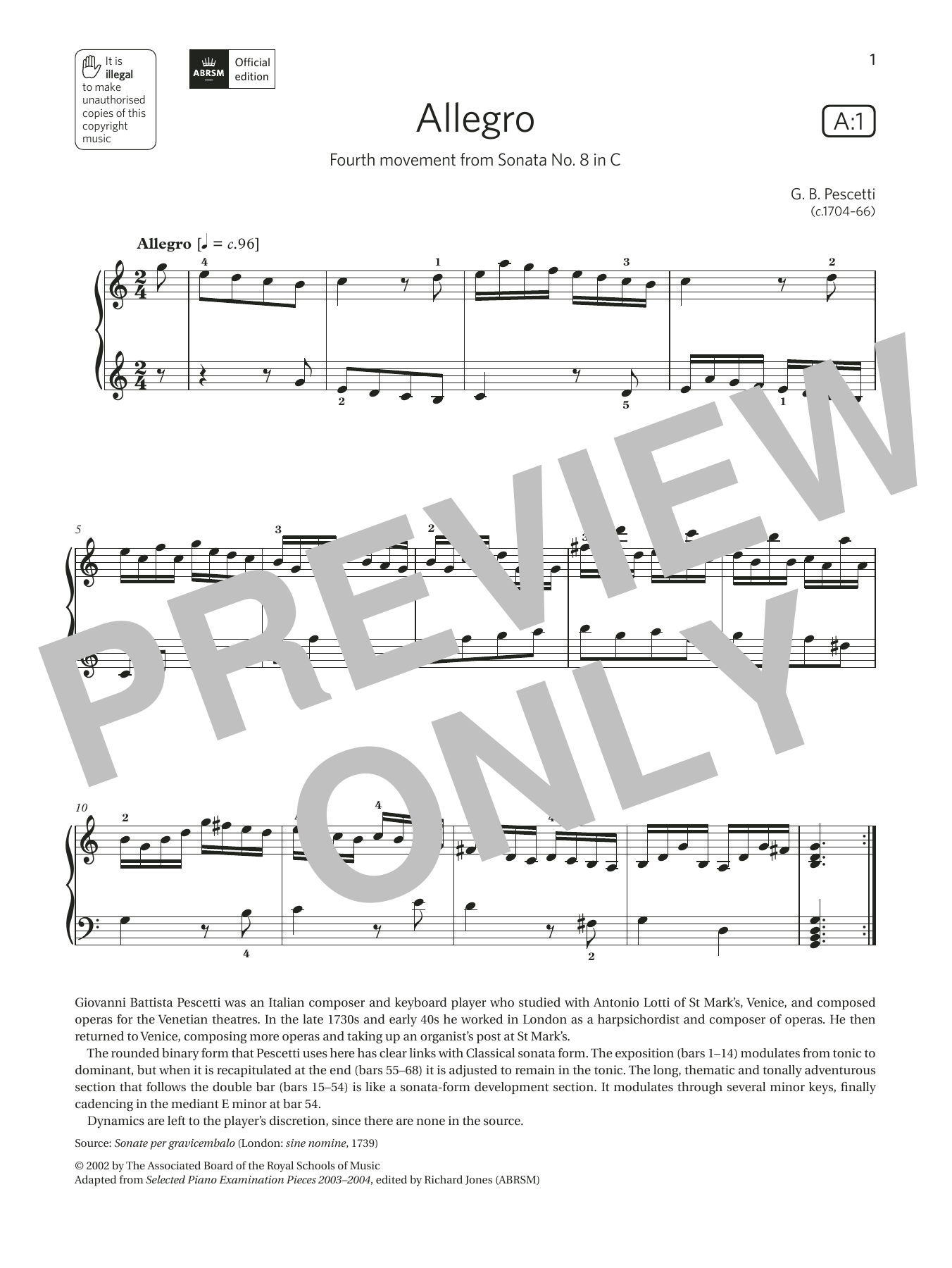 G. B. Pescetti Allegro (Grade 6, list A1, from the ABRSM Piano Syllabus 2021 & 2022) sheet music notes and chords arranged for Piano Solo