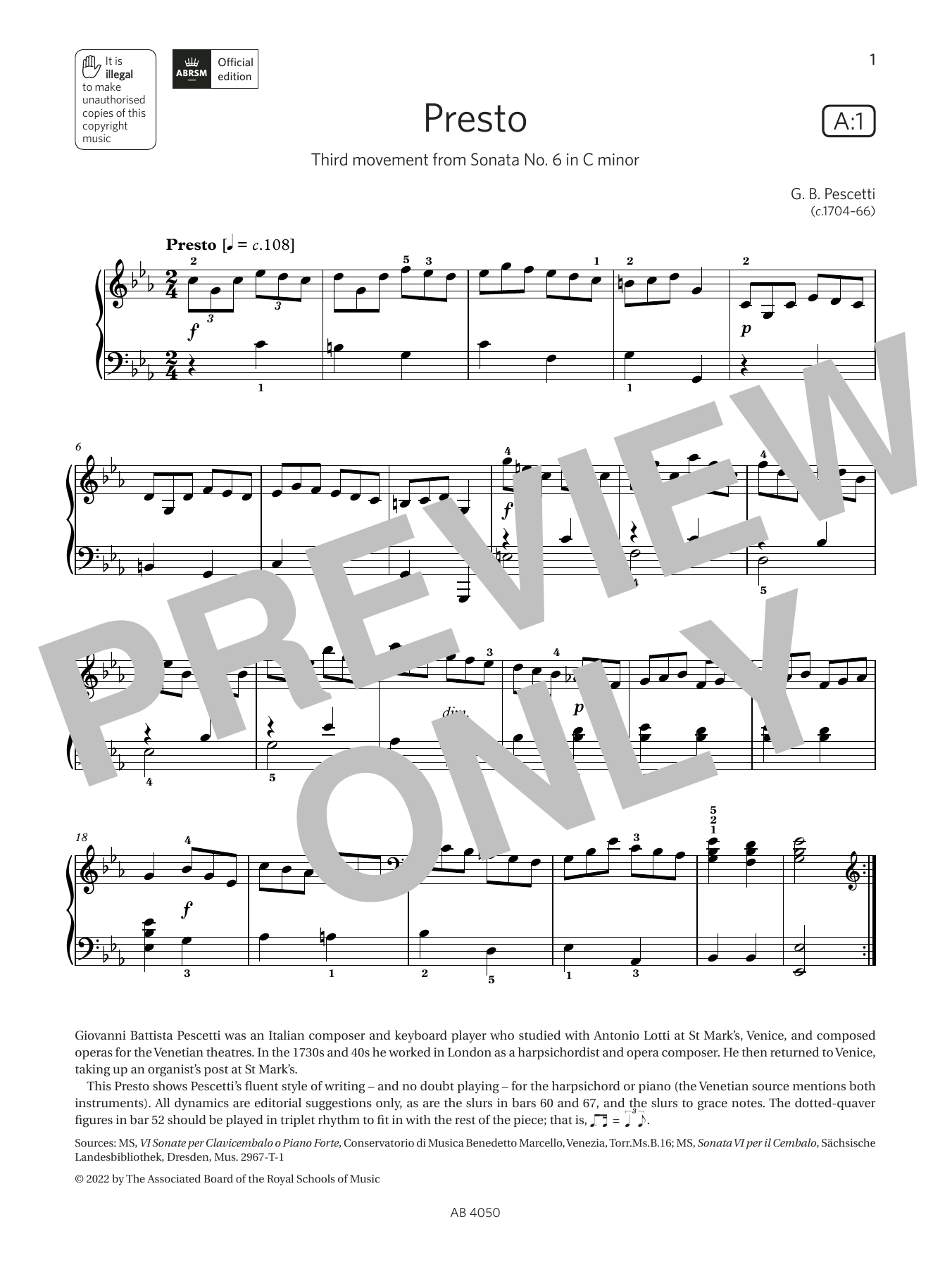 G B Pescetti Presto (Grade 4, list A1, from the ABRSM Piano Syllabus 2023 & 2024) sheet music notes and chords arranged for Piano Solo