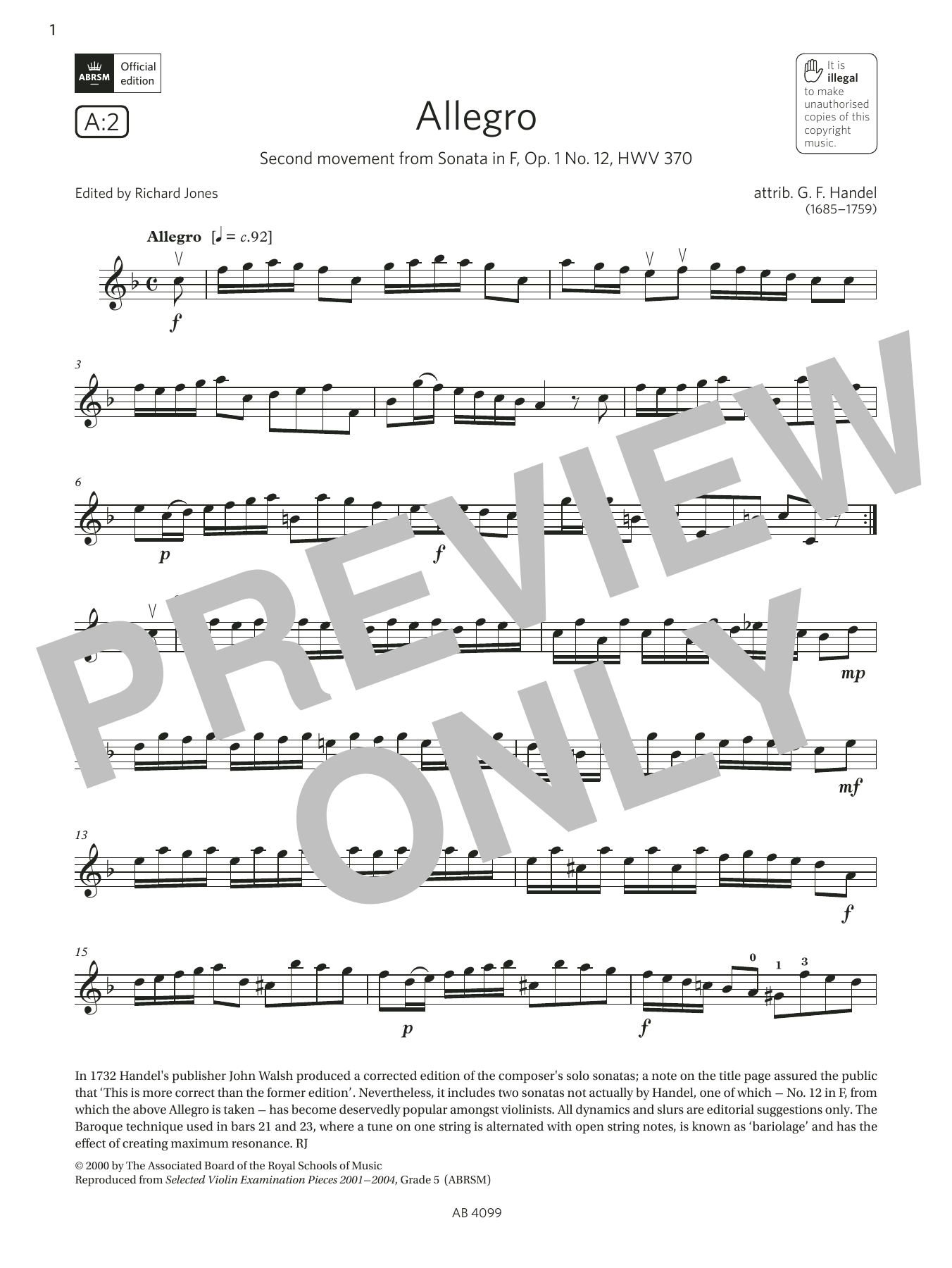 G. F. Handel Allegro (Grade 5, A2, from the ABRSM Violin Syllabus from 2024) sheet music notes and chords arranged for Violin Solo