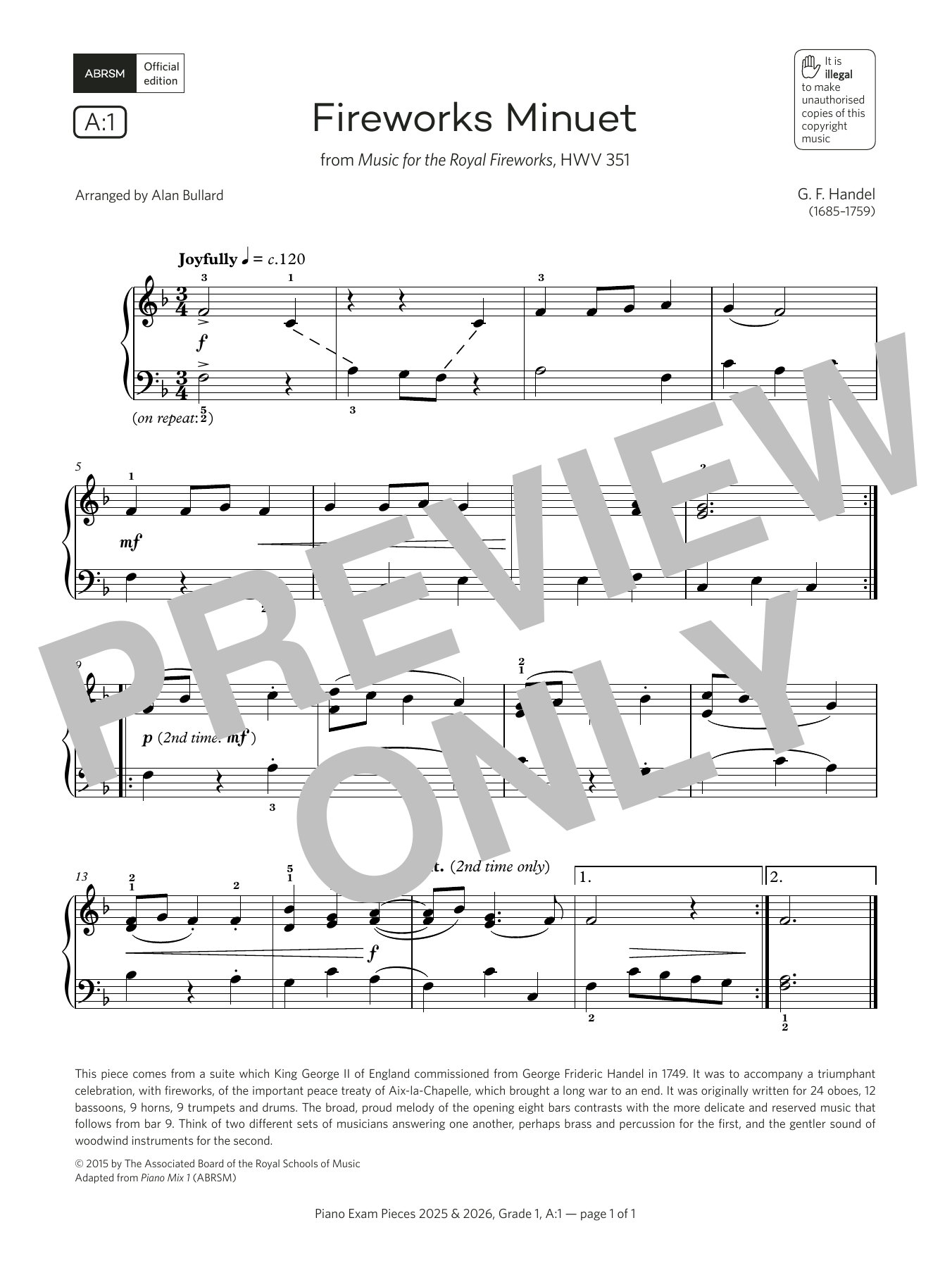 G. F. Handel Fireworks Minuet (Grade 1, list A1, from the ABRSM Piano Syllabus 2025 & 2026) sheet music notes and chords arranged for Piano Solo