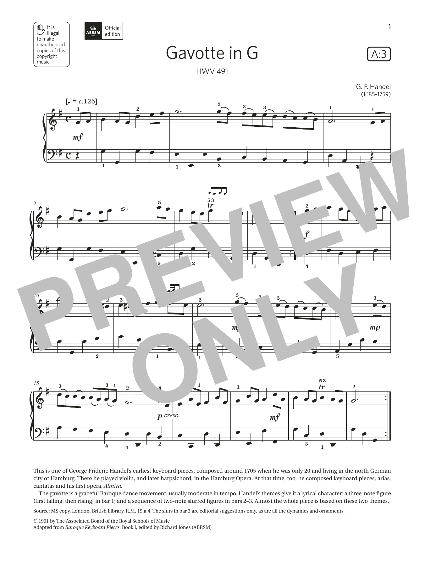 G. F. Handel Gavotte in G (Grade 3, list A3, from the ABRSM Piano Syllabus 2021 & 2022) sheet music notes and chords arranged for Piano Solo