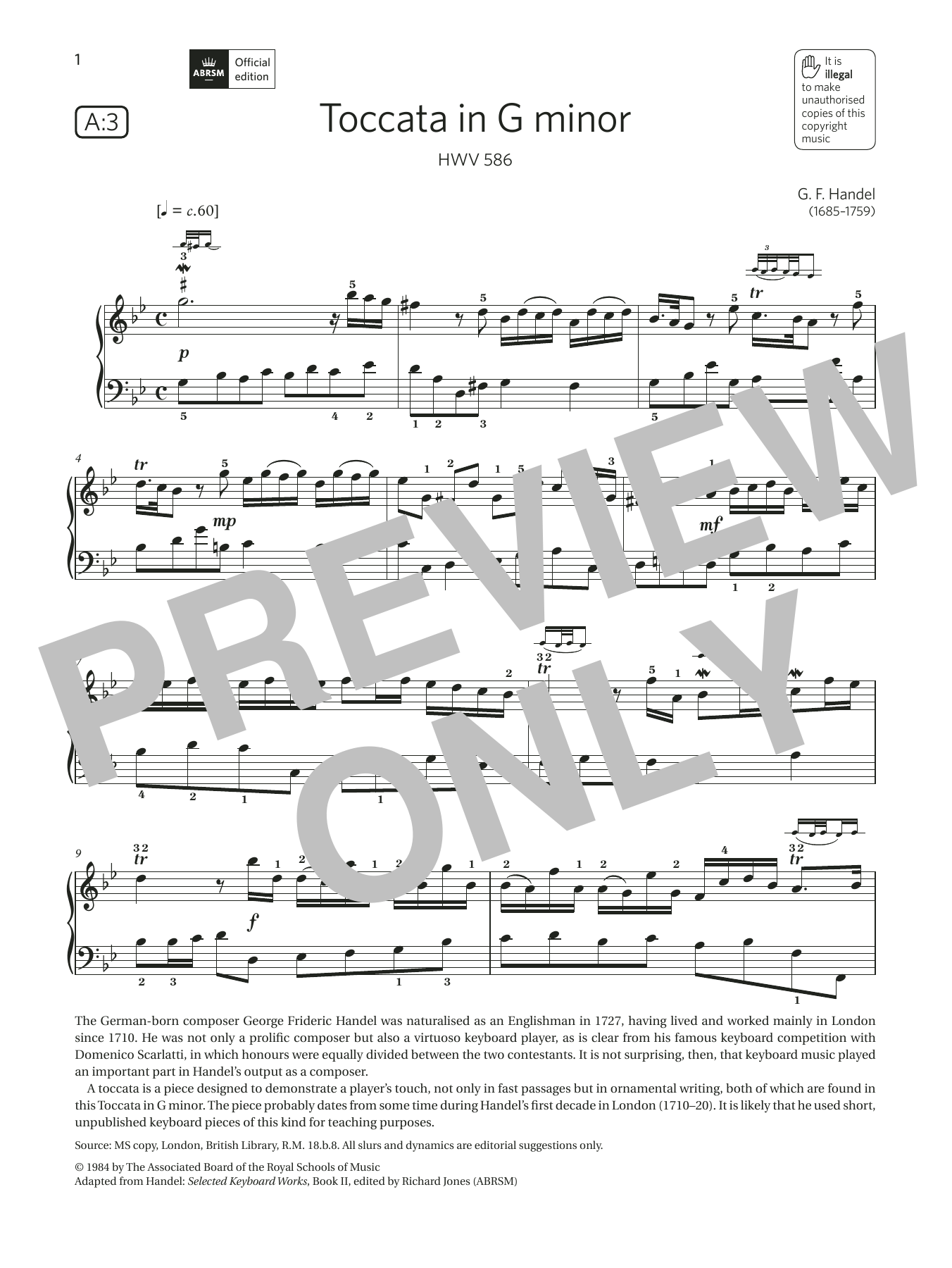 G. F. Handel Toccata in G minor (Grade 5, list A3, from the ABRSM Piano Syllabus 2021 & 2022) sheet music notes and chords arranged for Piano Solo