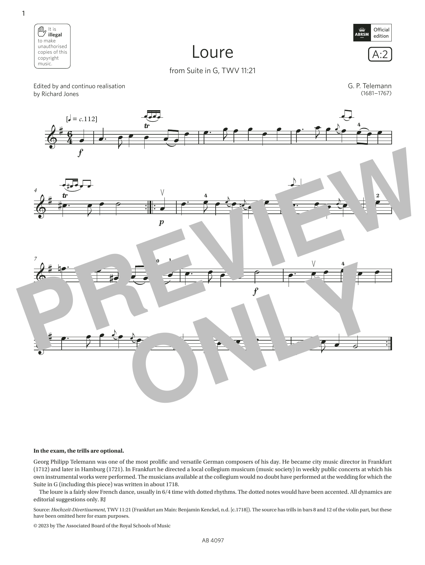 G. P. Telemann Loure (Grade 3, A2, from the ABRSM Violin Syllabus from 2024) sheet music notes and chords arranged for Violin Solo