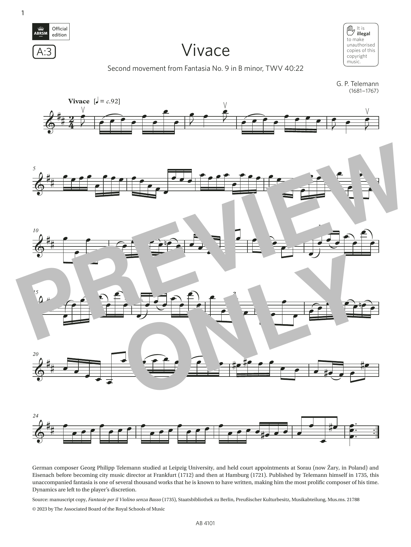 G. P. Telemann Vivace (Grade 7, A3, from the ABRSM Violin Syllabus from 2024) sheet music notes and chords arranged for Violin Solo