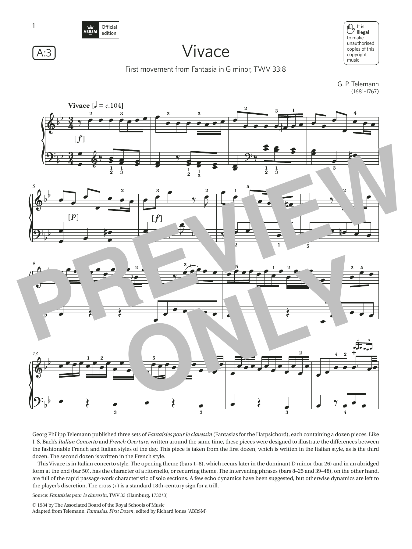 G. P. Telemann Vivace (Grade 7, list A3, from the ABRSM Piano Syllabus 2021 & 2022) sheet music notes and chords arranged for Piano Solo