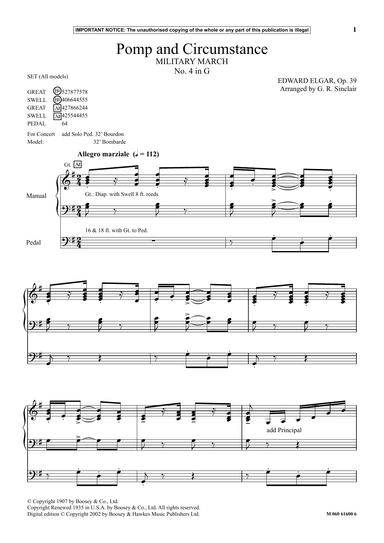 G. R. Sinclair Pomp And Circumstance (Military March No. 4 In G) sheet music notes and chords arranged for Organ