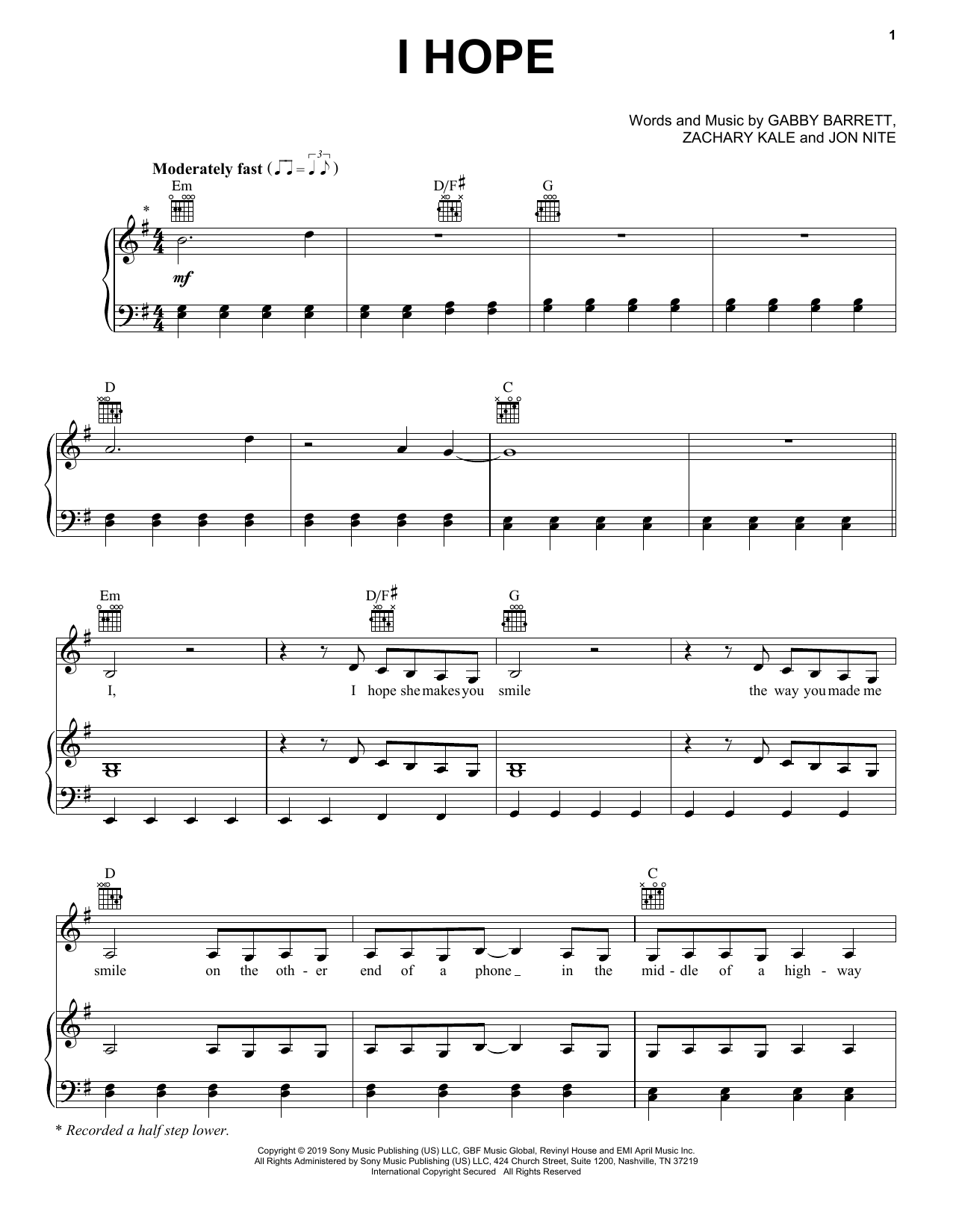 Gabby Barrett I Hope sheet music notes and chords arranged for Big Note Piano