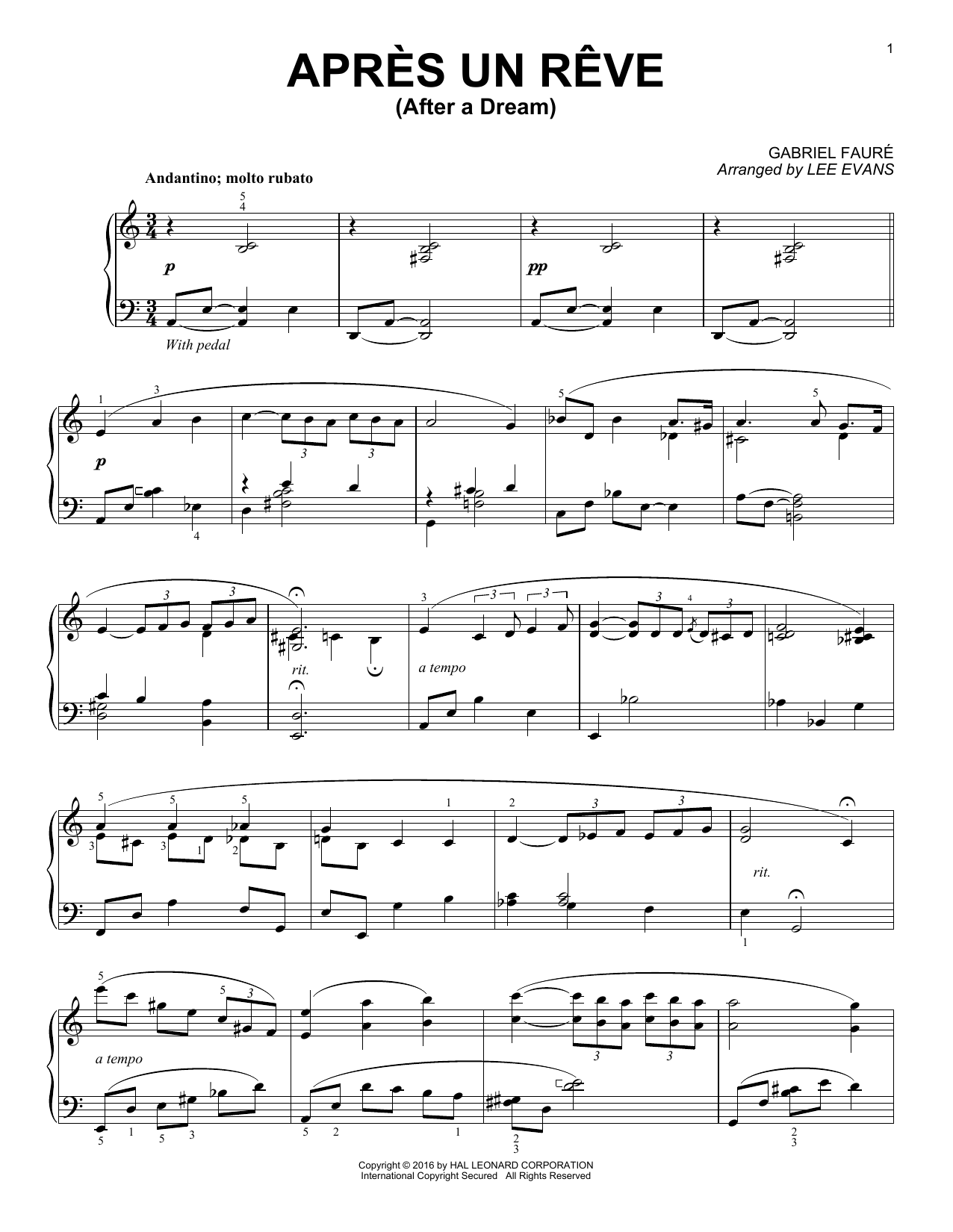Gabriel Fauré Apres un reve (arr. Lee Evans) sheet music notes and chords arranged for Piano Solo