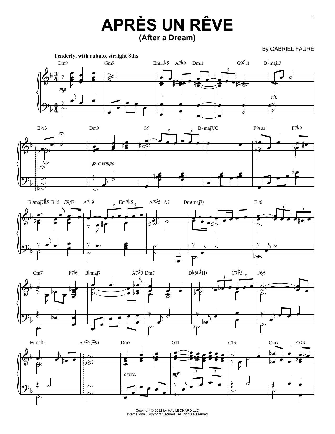 Gabriel Faure Apres Un Reve [Jazz version] (arr. Brent Edstrom) sheet music notes and chords arranged for Piano Solo